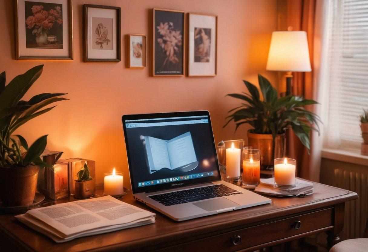 A seductive and inviting scene featuring a cozy home office adorned with dim lighting, plush cushions, and a vintage desk cluttered with inspiring erotic art and books. Include a sleek laptop displaying a vibrant NSFW blog layout, surrounded by candles casting a warm glow. The atmosphere should evoke a sense of passion and creativity, with soft colors emphasizing an intimate vibe. retro aesthetic. soft focus. warm tones.