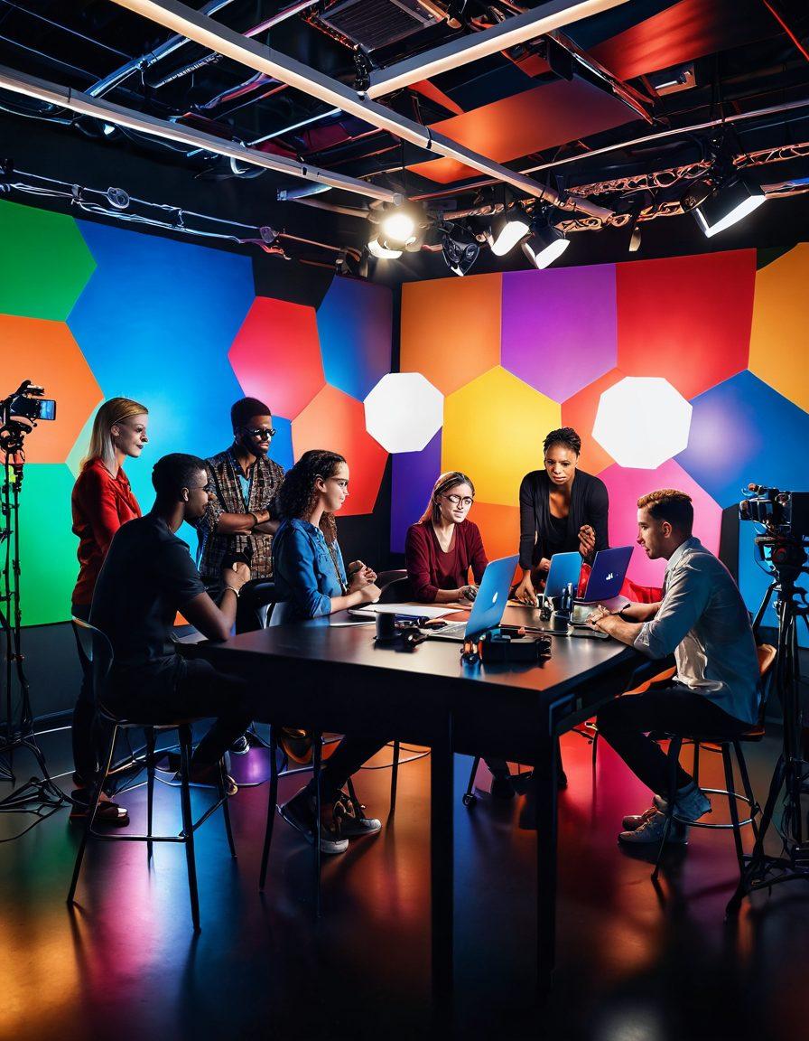 A dynamic scene showcasing a diverse group of creative professionals in an adult media studio, engaged in various activities like filming, editing, and brainstorming. The backdrop is filled with colorful lights, cameras, and props symbolizing creativity and passion. Emphasize a sense of collaboration and empowerment, capturing the blend of artistry and professionalism in this industry. super-realistic. vibrant colors. cinematic lighting.