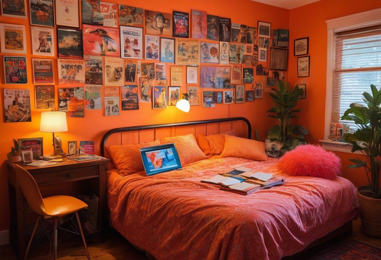 A vibrant and enticing room filled with vintage adult magazines and memorabilia, showcasing an array of colorful booklets and playful decor. Soft ambient lighting creates a cozy, inviting atmosphere, with hints of erotic art on the walls and a stylish workspace featuring a laptop and notepad. Elements of passion and creativity intertwine, inviting viewers to explore the world of adult blogging. super-realistic. vibrant colors. cozy atmosphere.